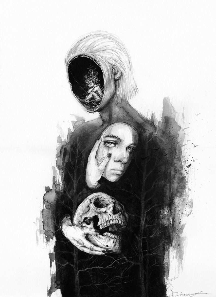 Expressive Portrait Ink Drawing By Doriana Popa, 12 X 16, Lost Soul, Original Artwork