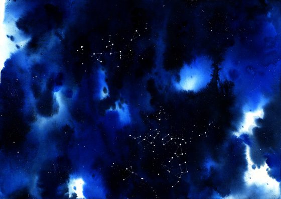 "Depth of Space" abstract dark blue watercolour with white dots constellations