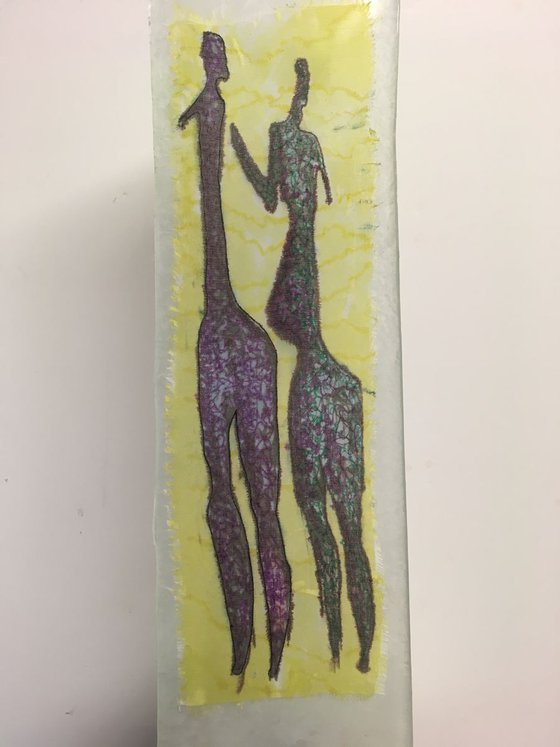 Rock couple - glass-mounted translucent silk drawing - ready to display - window sculpture