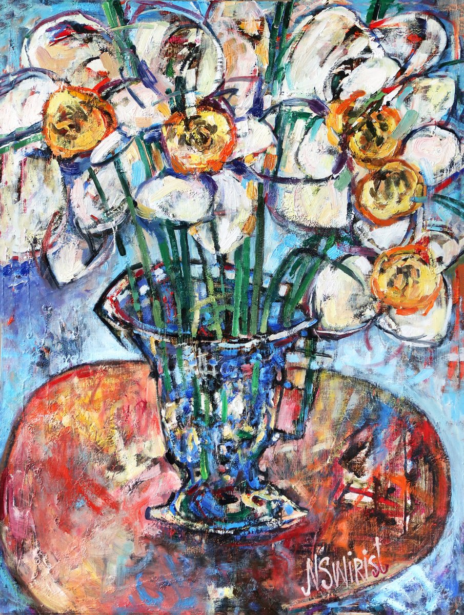 Impressionistic Still Life Oil Painting By Nikifor Swiristuhin, 24 X 31", Blue Vase, Table And Spring., Original Artwork