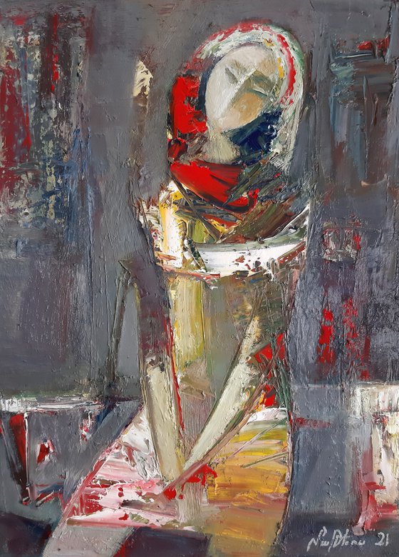 Waiting (30x40cm ,oil/canvas, abstract portrait)