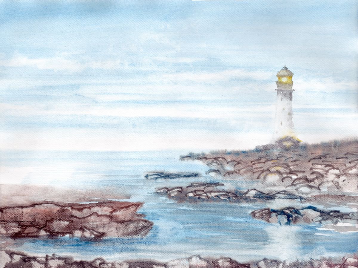 Impressionistic Landscape Watercolour By Yulia Schuster, 16 X 12", Lighthouse, Original Artwork