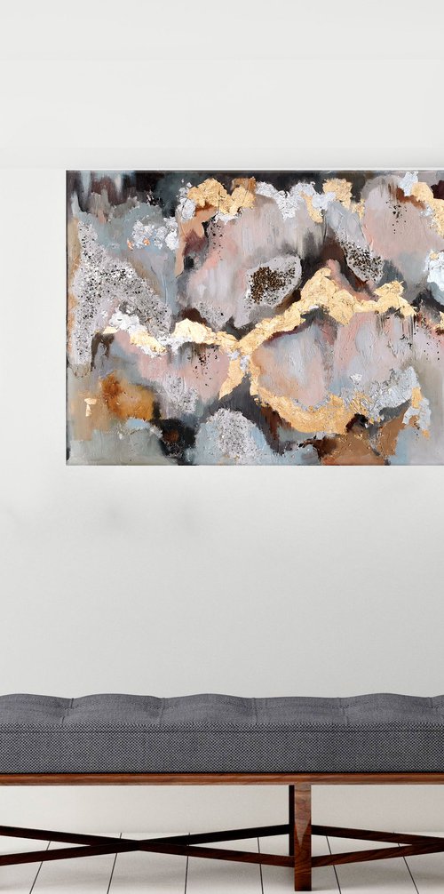 Gold foil abstract painting, Textured painting by Annet Loginova