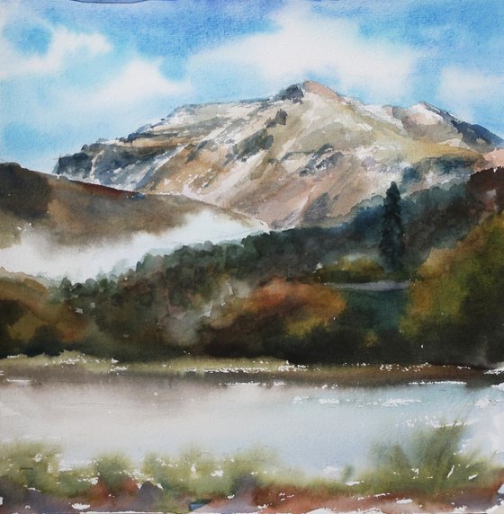 Watercolor painting Landscape Mountain Lake