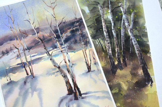 Birches in winter, watercolor forest landscape, snow and trees