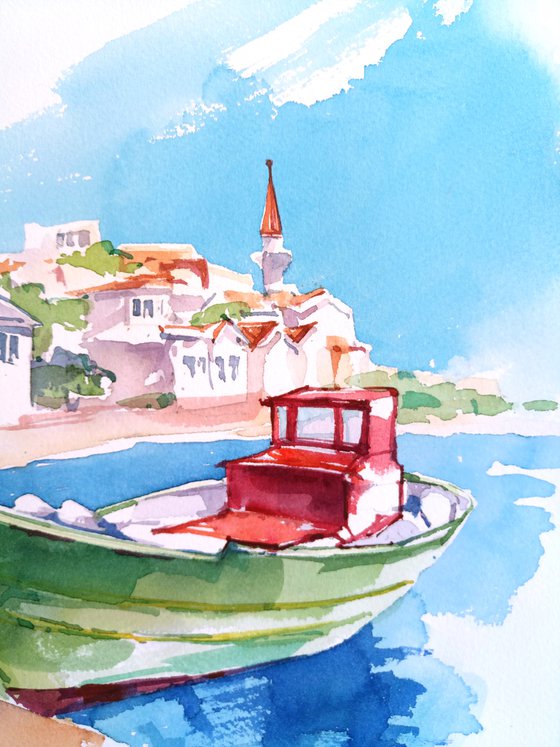 Bright summer landscape "Moored boat off the coast of a Greek city" original watercolor painting