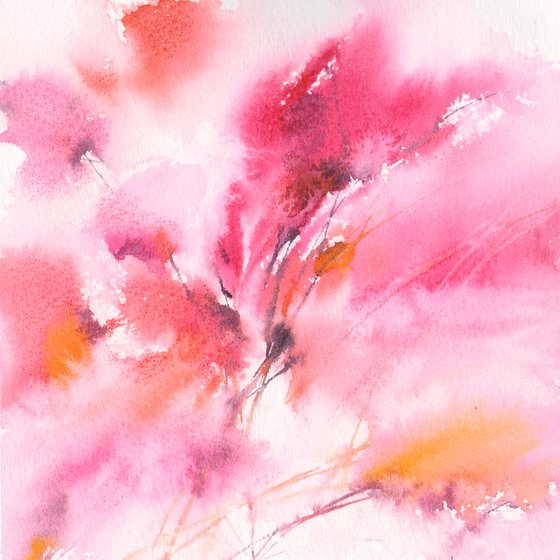 Abstract watercolor floral painting, diptych Whisper of spring