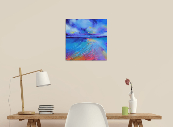 New Horizon 166 - 40x40 cm, Colourful Seascape, Sunset Painting, Impressionistic Colorful Painting, Large Modern Ready to Hang Abstract Landscape, Pink Sunset, Sunrise, Ocean Shore