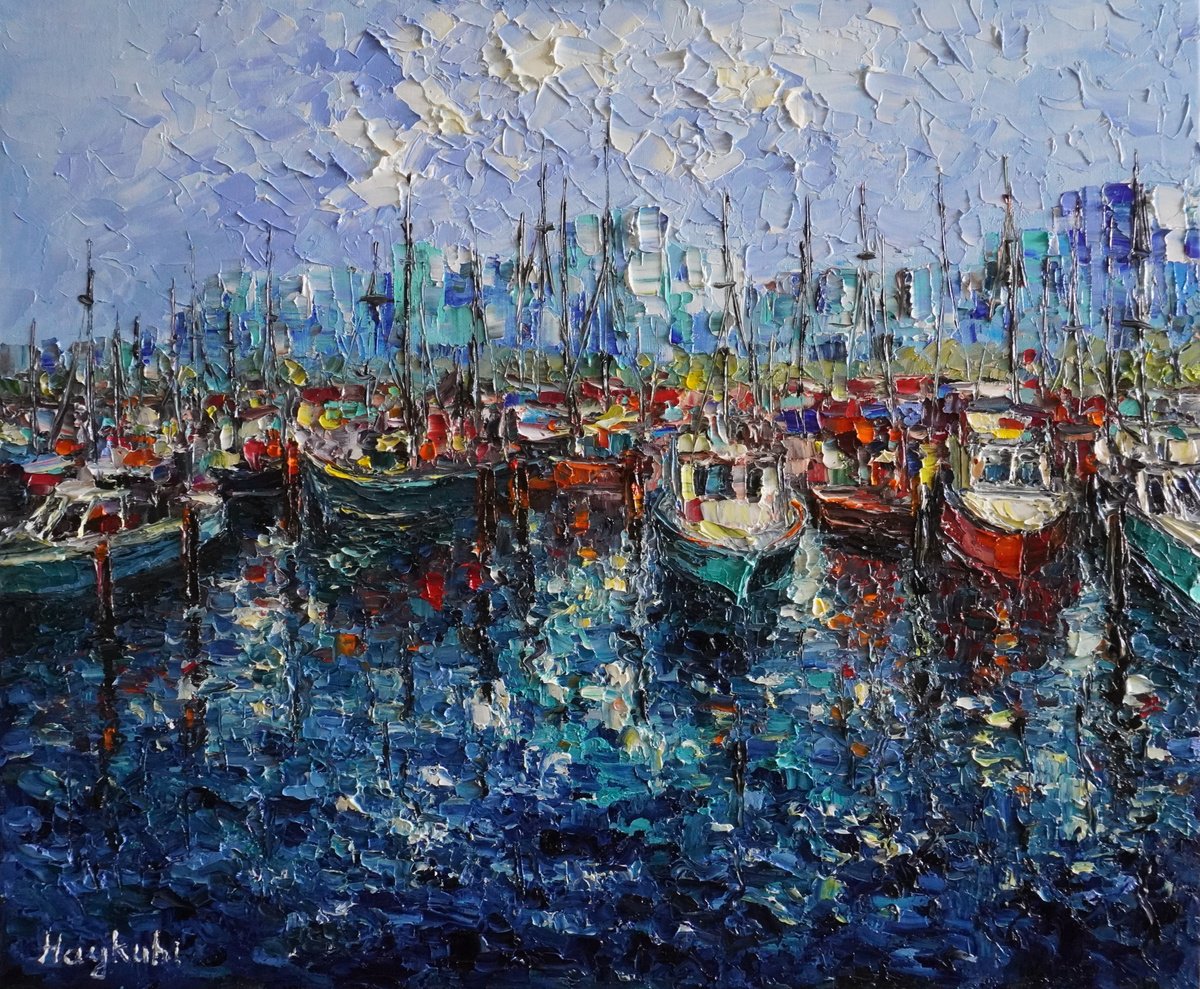 Impressionistic Landscape Oil Painting By Haykuhi Khachatryan, 24 X 20, Harbour, Original Artwork