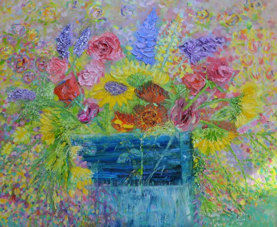 Sunflowers,Stocks and Roses Oil Painting