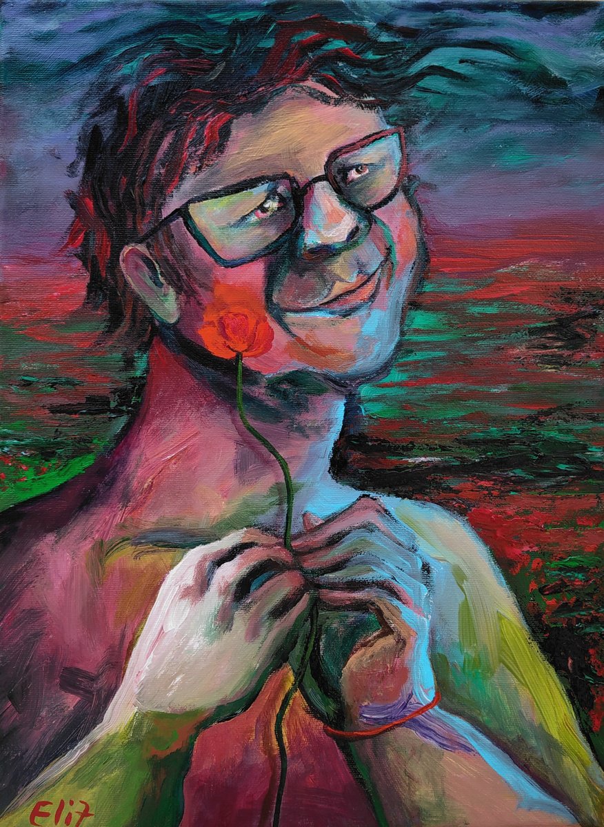 Expressive Portrait Acrylic Painting By Elisheva Nesis, 12 X 16, On The Poppy Field, Original Artwork