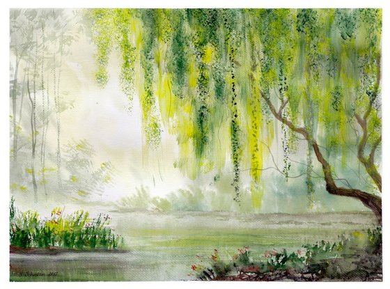 Landscape with a weeping willow tree. # 1. Watercolour landscape painting