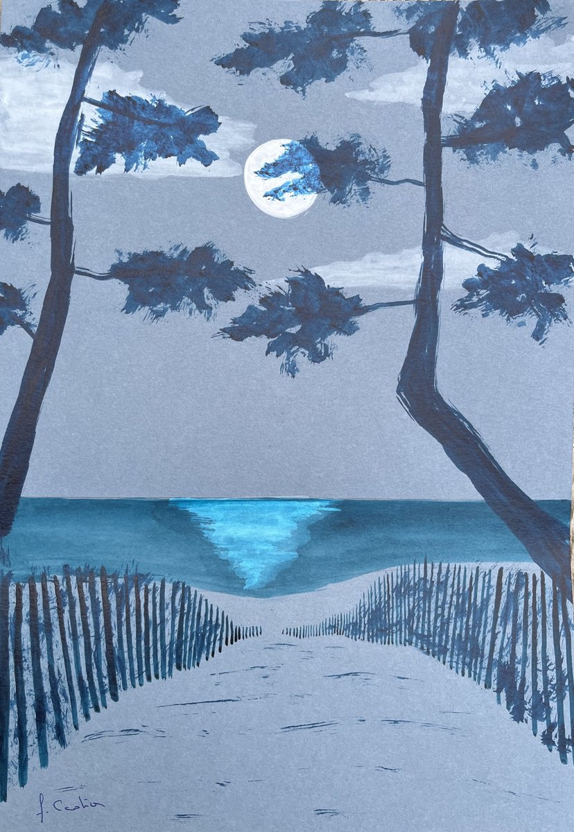 Painting , Sainte-Marine Moonlight By Cadiou Frederic, 9 X 13, Artwork For Sale On Artfinder