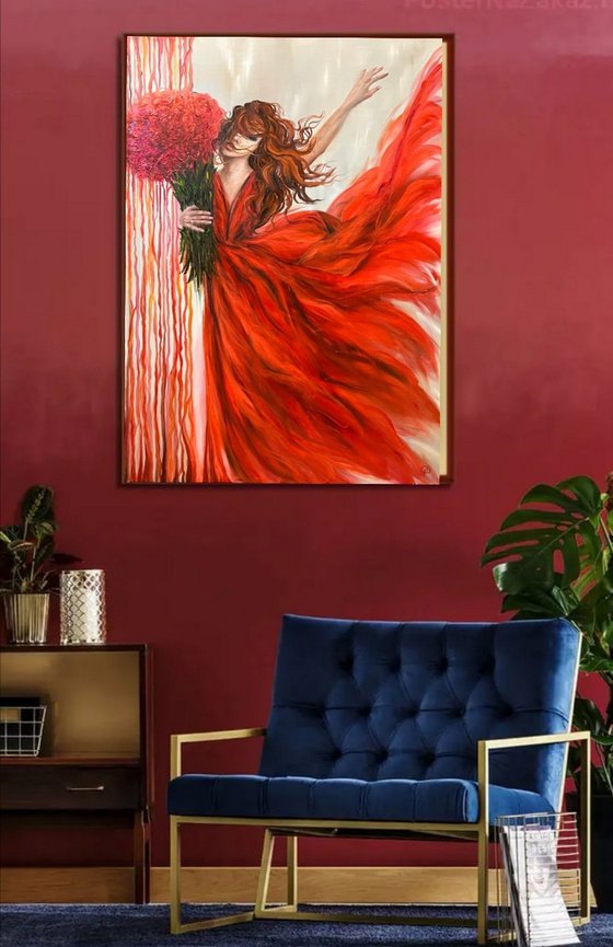 Love. Unconditional. oil painting, Picture of a girl, beautiful girl, girl in a dress, Portrait of a girl, girl in a red dress, girl with roses, painting with meaning, red painting, girl oil, red dress, girl with a bouquet, girl with long hair, painting about love, lovepicture of a beauty, graceful beauty