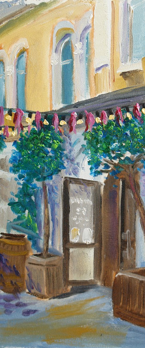 Cafe in the city, plein air painting by Dmitry Fedorov