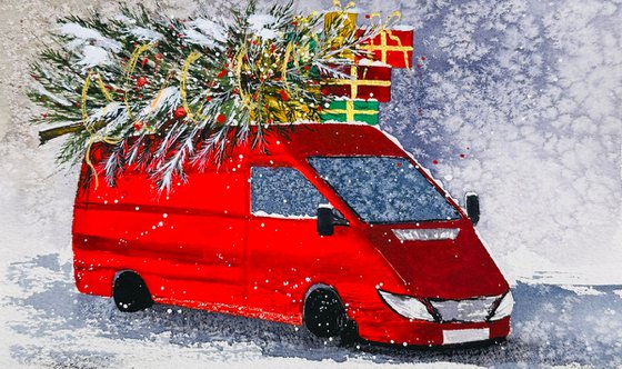 Christmas Red bus with many presents New year