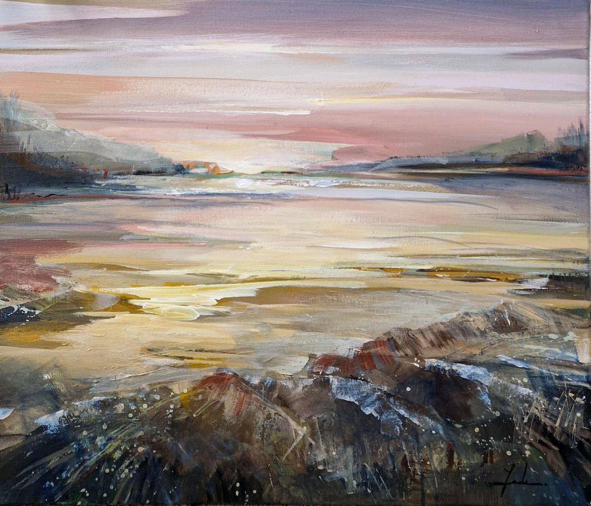 Impressionistic Landscape Acrylic Painting By Irina Laube, 28 X 24, Evening Silence, Original Artwork
