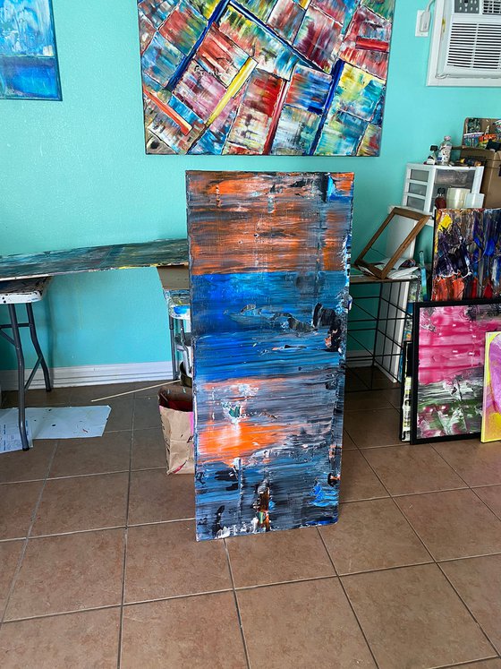 "Tower Of Ghosts" - FREE USA SHIPPING - Original PMS Abstract Acrylic Painting On Reclaimed, Upcycled Wood - 20" x 48"