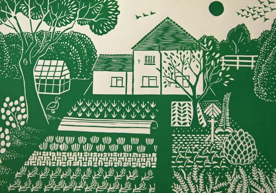 English country garden - original linocut print