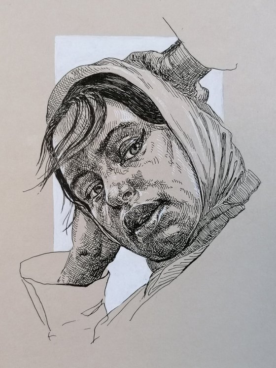 Woman in scarf portrait. Ink drawing