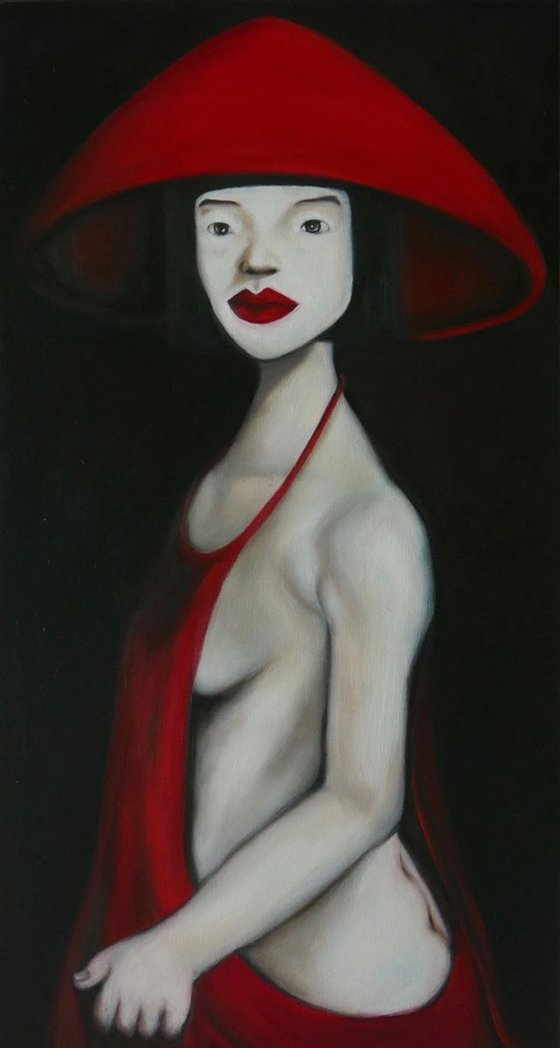Lady in red hat and dress
