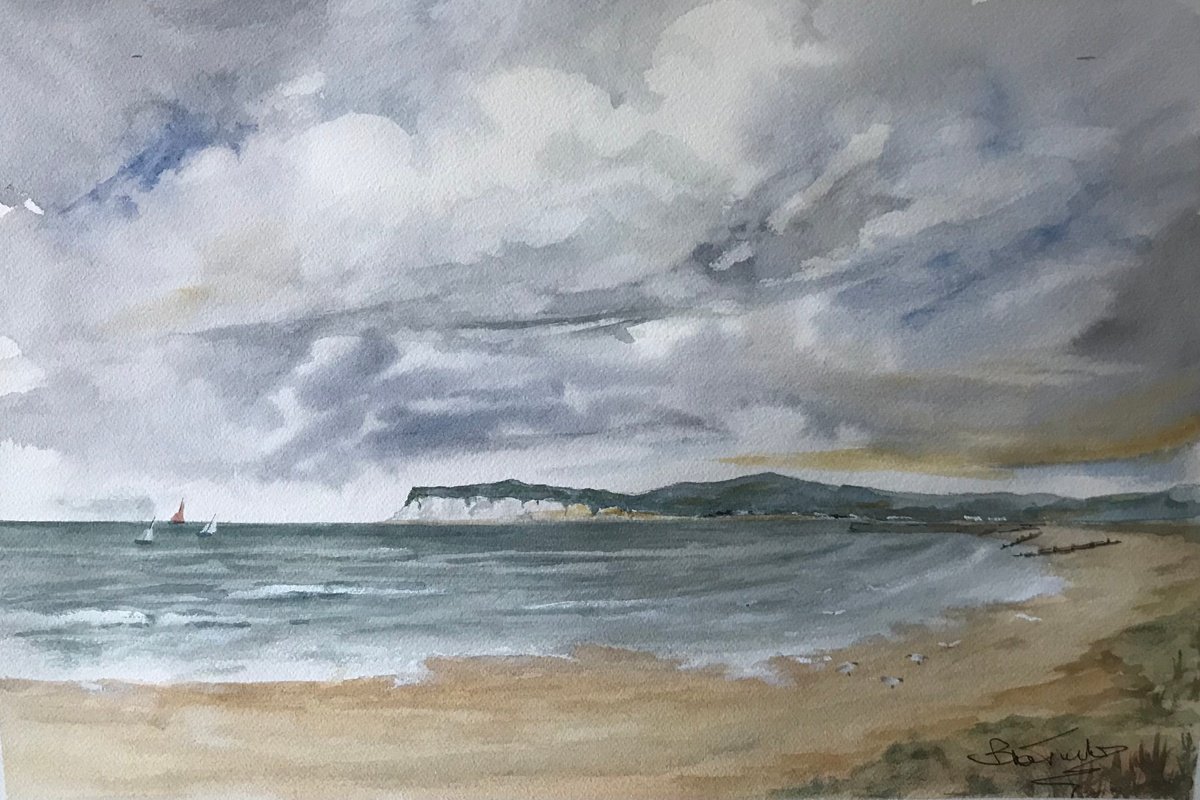 Expressive Landscape Watercolour By Brian Tucker, 18 X 13, Cold Day At Camber Sands, Original Artwork