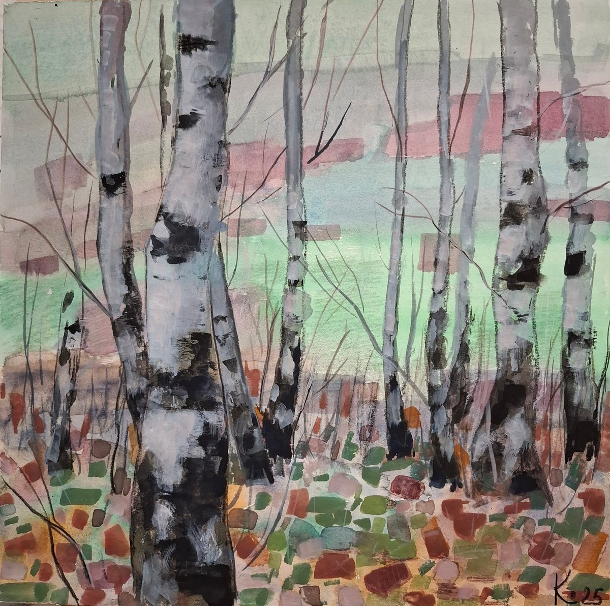 Graphic Landscape Drawing By Olena Kolotova, 10 X 10", Spring "Birch Forrest", Original Artwork