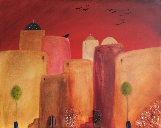 “Village At Sunset” 50x40x4cm