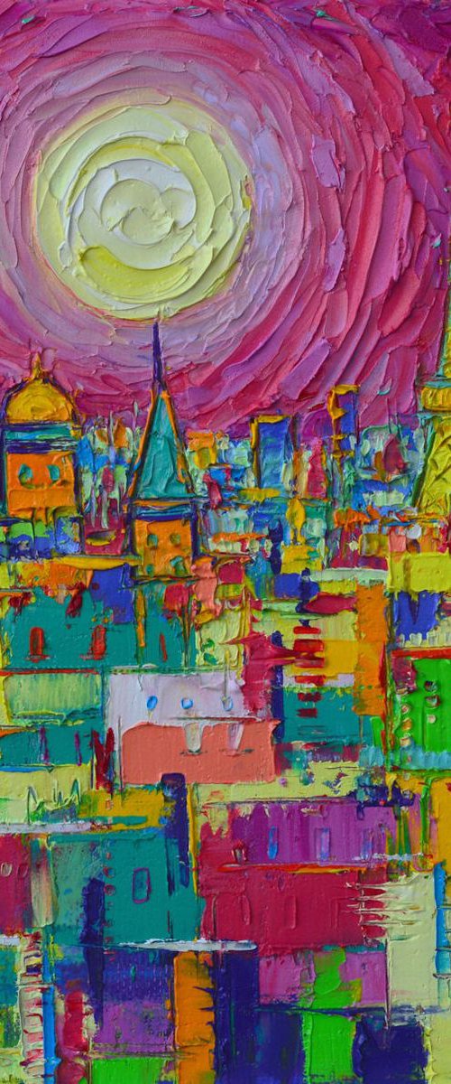 ABSTRACT PARIS VIBRANT NIGHT FULL MOON VIEW FROM NOTRE DAME TOWERS textural impressionist abstract cityscape impasto palette knife oil painting by Ana Maria Edulescu by ANA MARIA EDULESCU