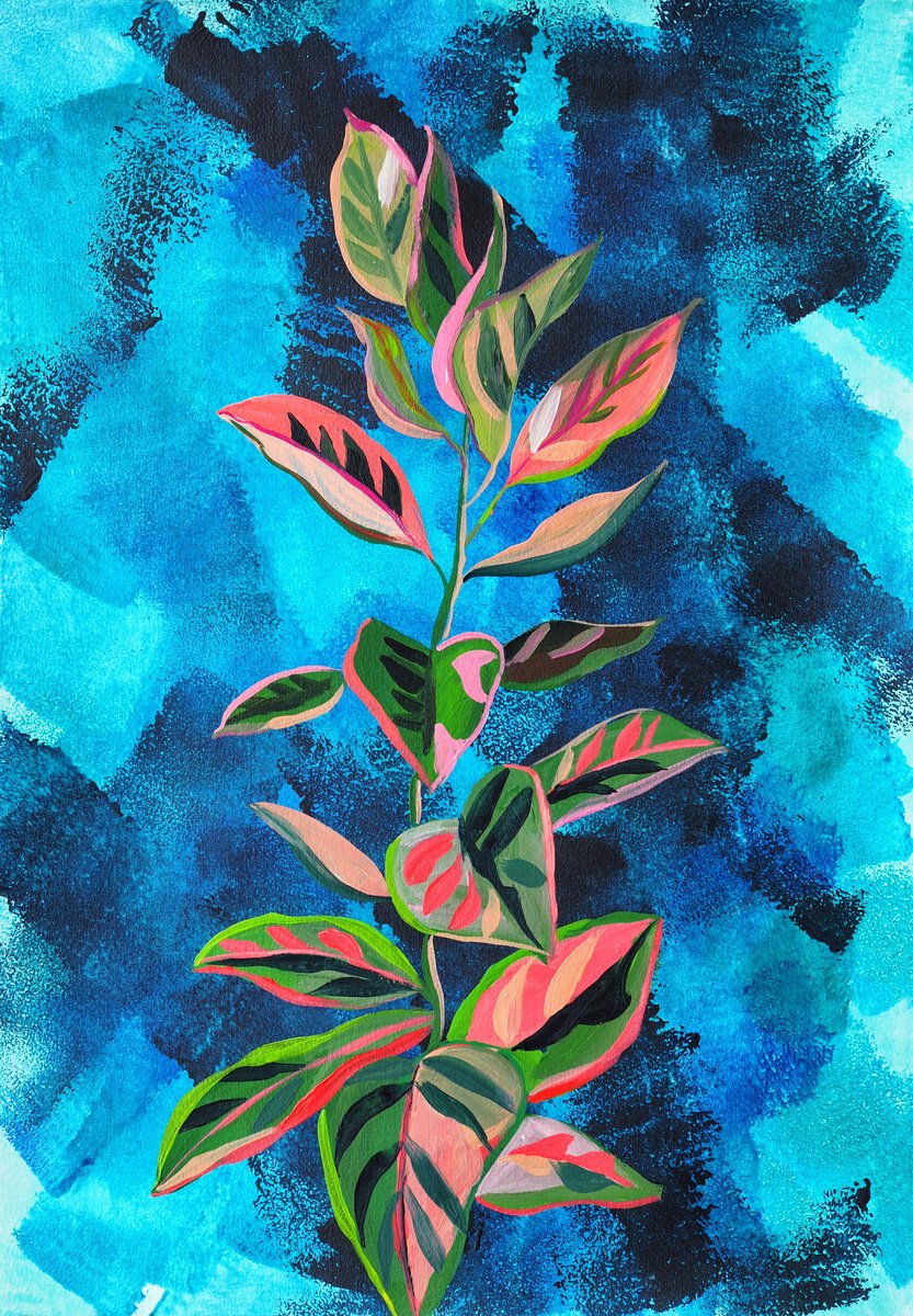 Illustrative Botanical Acrylic Painting By Delnara El, 14 X 20, Plant On Expressive Background, Original Artwork