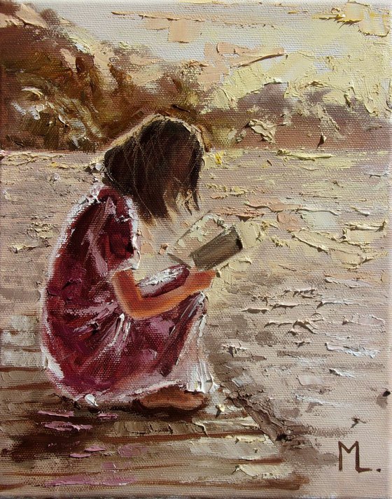 " BOOK LOVER ... VI " original painting LAKE SPRING palette knife GIFT GREEN