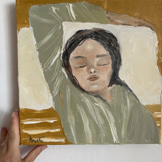 Calm poetic impasto woman portrait