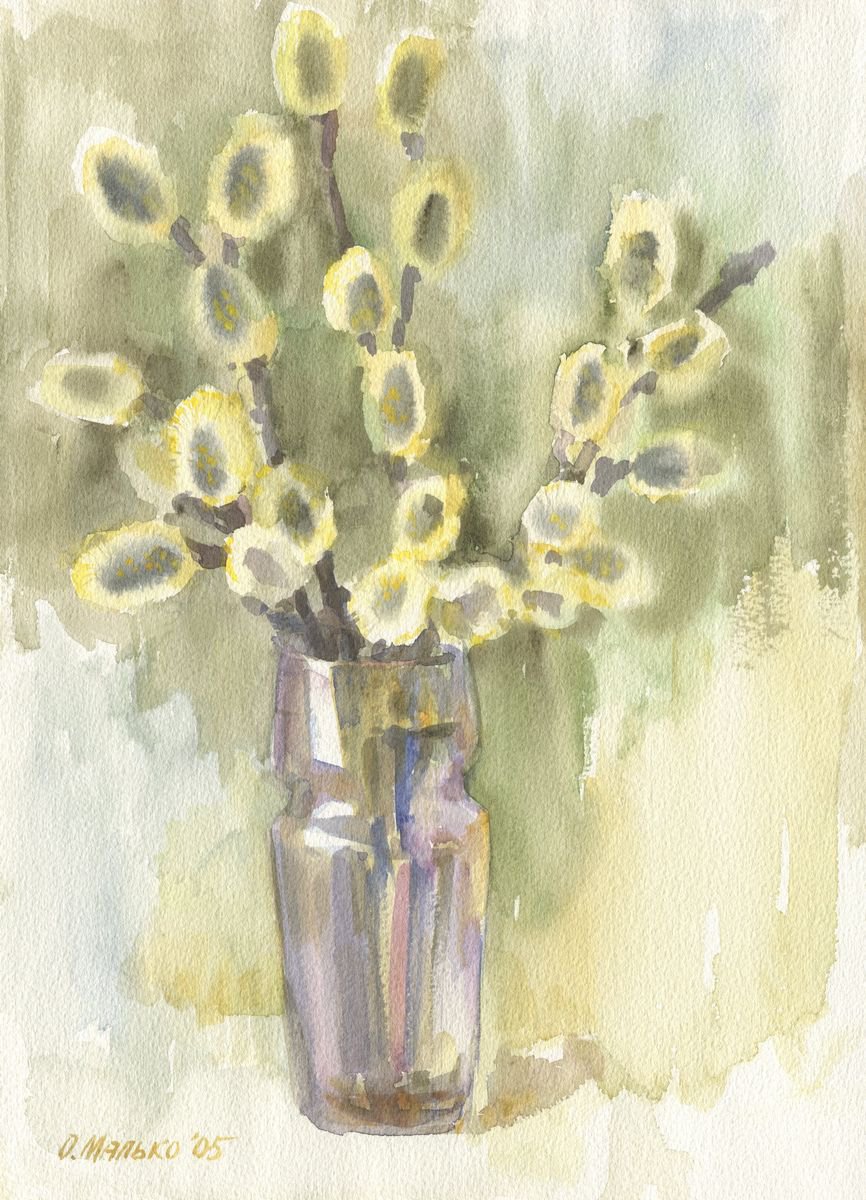 Impressionistic Watercolour , Pussy Willow In Vase By Olha Malko, 11 X 15, Artwork For Sale On Artfinder