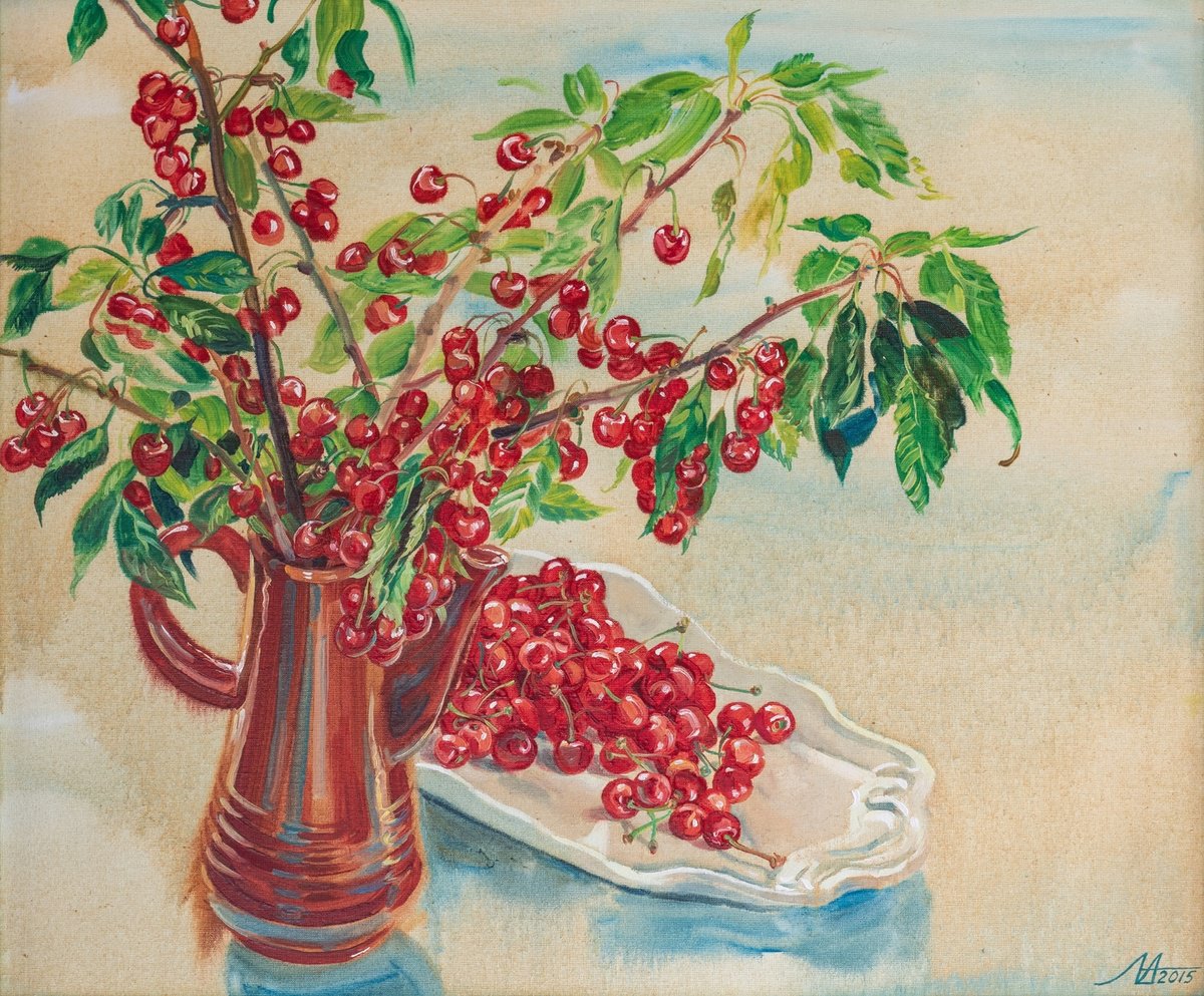 Photorealistic Still Life Oil Painting By Alona Lesnichenko, 26 X 22, Cherries, Original Artwork