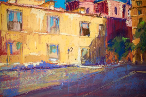 Plaza de las Comendadoras, Madrid. Sunny urban landscape in Madrid. Small oil pastel impressionistic interior painting