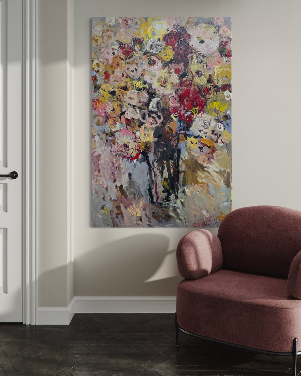 Expressive Botanical Oil Painting By Lilia Orlova-Holmes, 39 X 59", Vase Of Flowers., Original Artwork