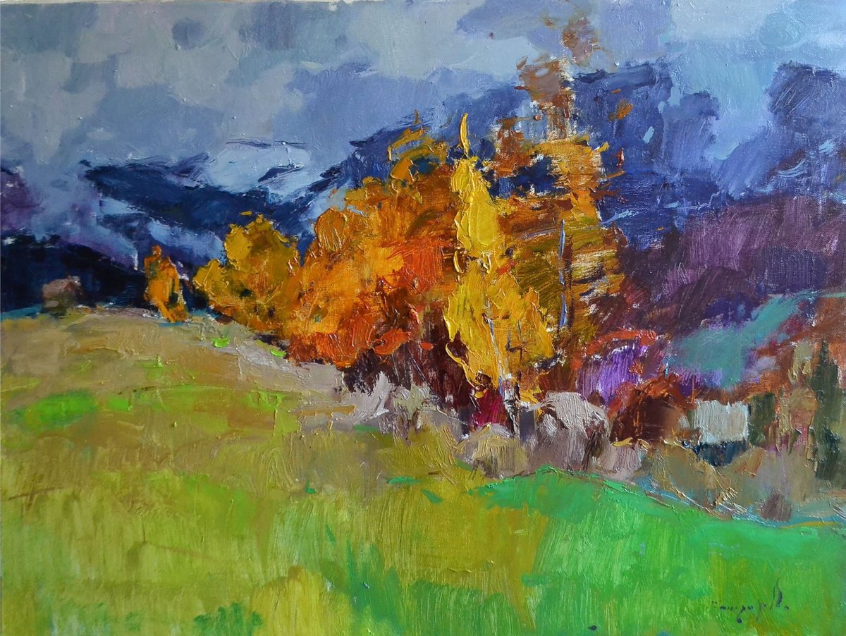 Impressionistic Landscape Oil Painting By Alexander Shandor, 31 X 24, Autumn Haze, Original Artwork