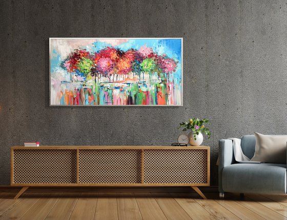 Forest Energy - Original Abstract Tree Painting, Colorful Trees Painting, Large Original Nature Landscape Modern Texture Painting Boho Wall Art Living Room Decor - Size: 48 x 24 inches (120 x 60 cm)