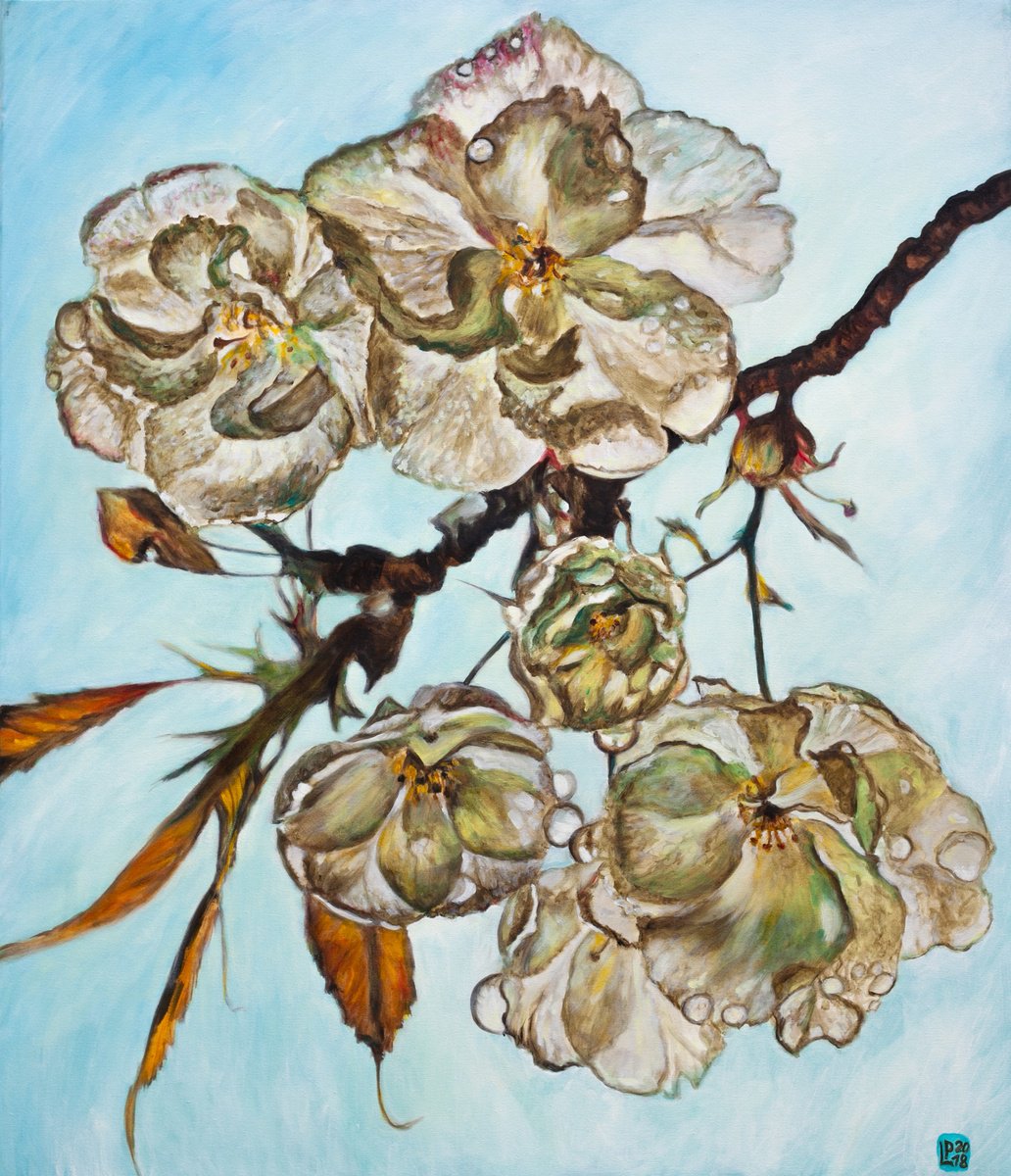 Impressionistic Botanical Oil Painting By Liudmila Pisliakova, 24 X 28", Cherry Flowers In The Rain, Original Artwork