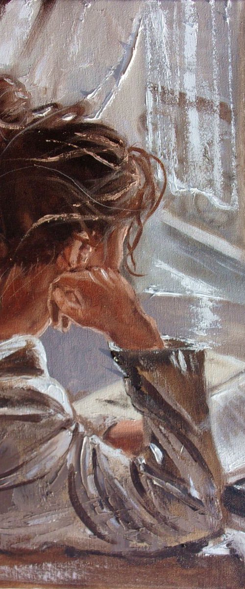 " BOOK LOVER V ... " original painting book reading palette knife GIFT by Monika Luniak