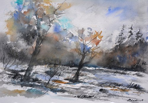 A clearance in winter   - watercolor by Pol Henry Ledent