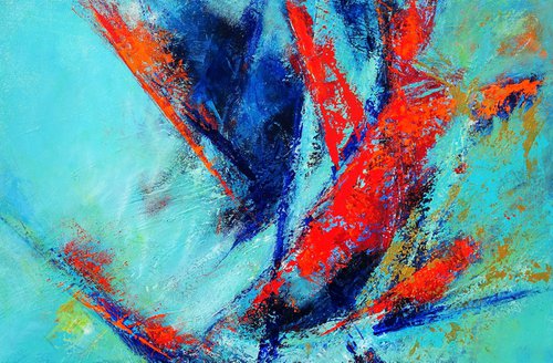 MOMENTS IN TIME II. Teal, Blue, Aqua, Navy, Red Contemporary Abstract Painting with Texture by Sveta Osborne