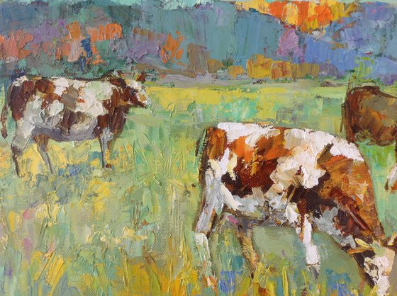 Beautifull Cows. Fall landscape .  animal nature original oil painting modern