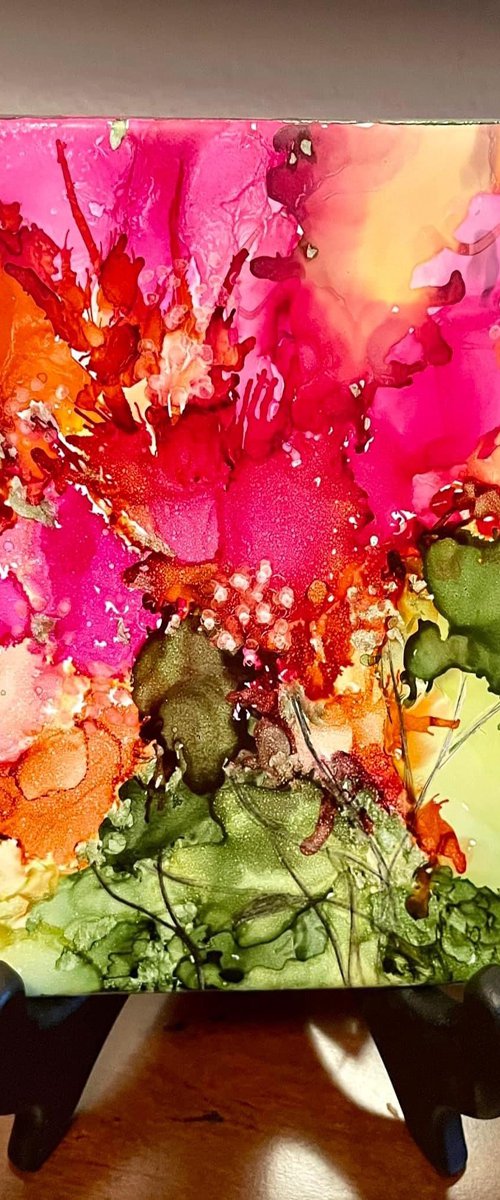 Pink & Orange Flowers Alcohol Ink on Ceramic Tile 6 X 6 by Rosie Brown