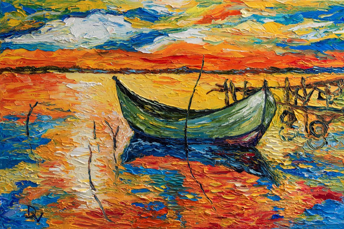 Impressionistic Landscape Oil Painting By Vladyslav Durniev, 24 X 16", The Boat, Original Artwork