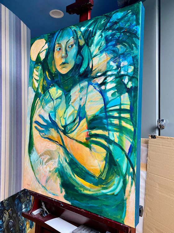 JUNGLE (CREEPING TO THE WORLD FAME) - expressive figurative artwork with a woman in jungle in green, navy and emerald colour