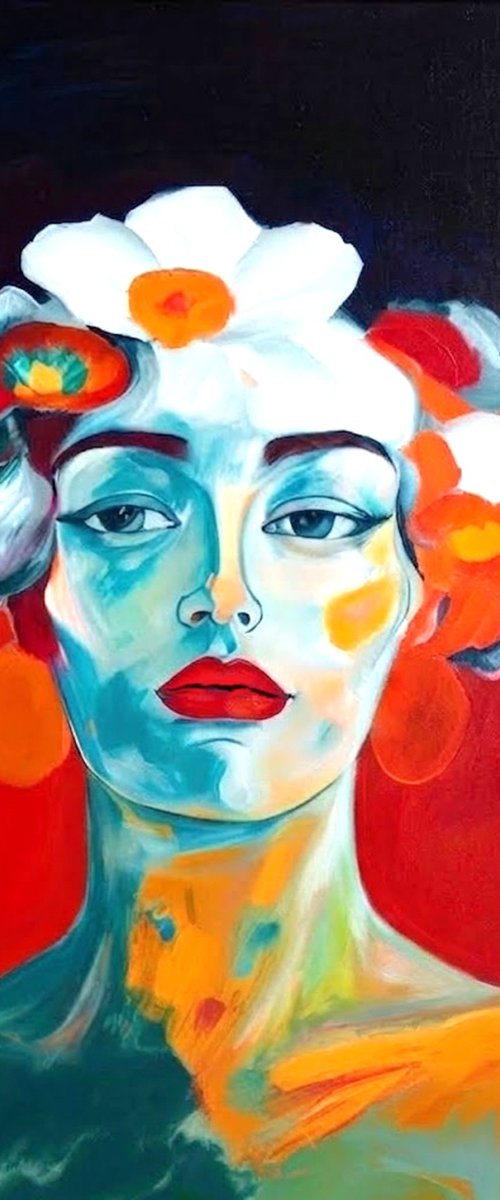 "White Bossom on Red" - Female Portrait by Helena Wierzbicki