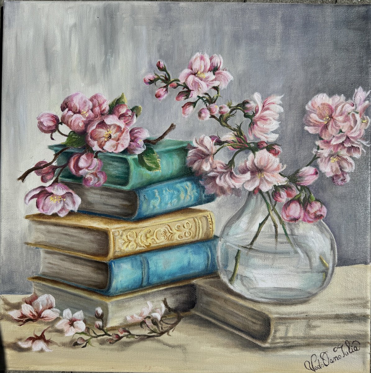 Photorealistic Botanical Oil Painting By Oana Voda, 16 X 16", Spring Branches, Original Artwork