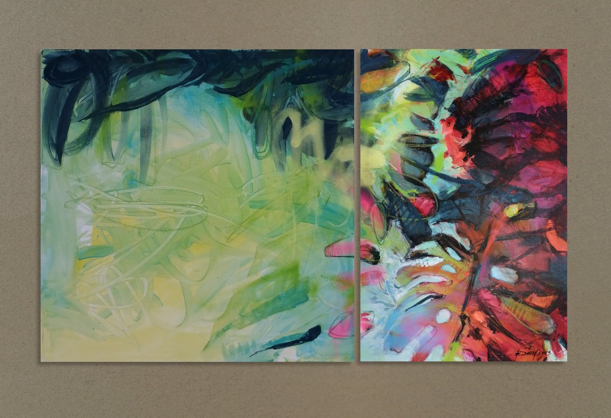 Organic Botanical Painting By Olga David, 39 X 24", Roter Frosch - Diptychon, Original Artwork