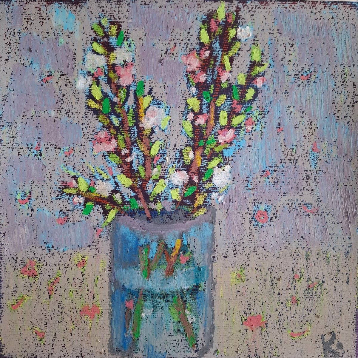 Impressionistic Botanical Pastel Drawing By Olena Kolotova, 12 X 12", Spring Flowers In Vase, Original Artwork